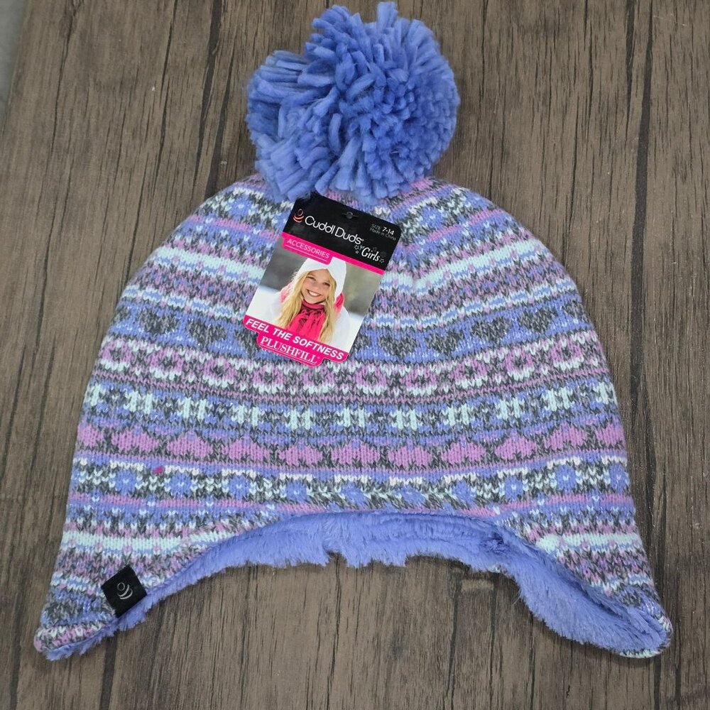 Cuddl Duds ✦ Girls Plushfill Knit Hat ✦ Blue Pink Pom Fleece-Lined Winter Beanie